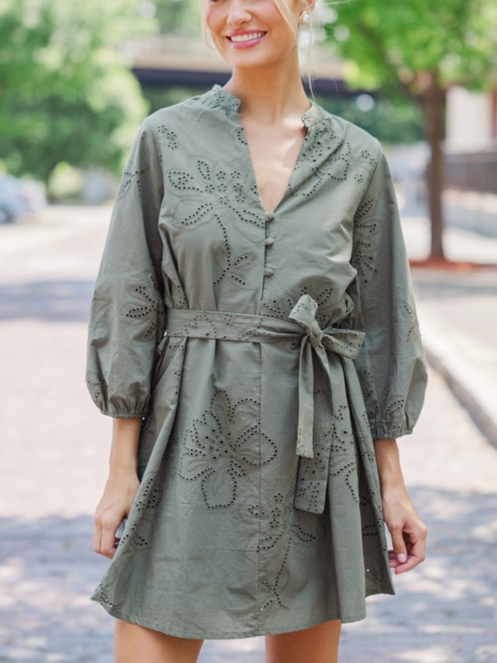 Commense Olive Green Eyelet Embroidered Tie Waist Mini Dress Boho Size L
